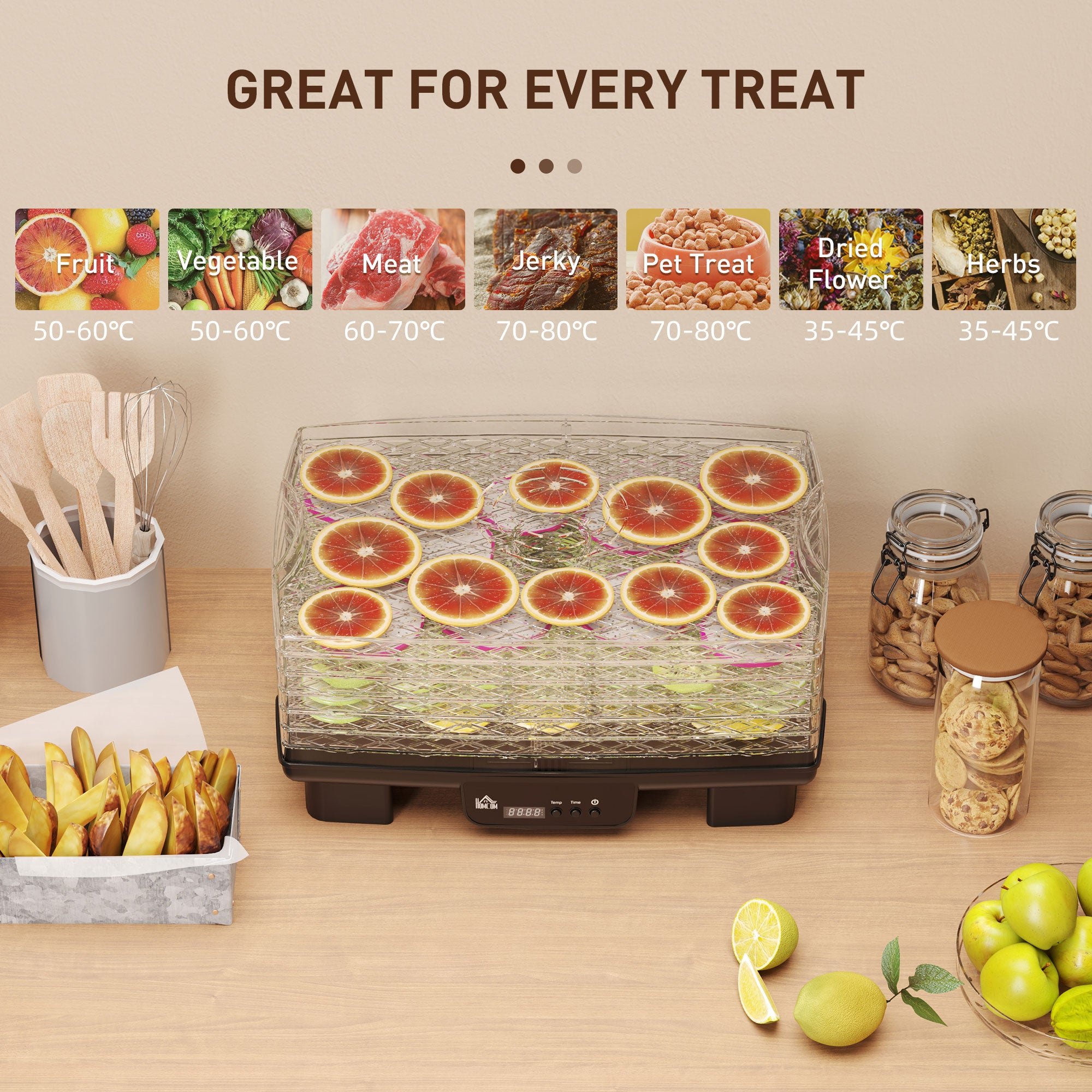 HOMCOM 40-70℃ Six-Tray Food Dehydrator - Black